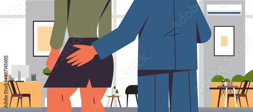 businessman molesting female employee sexual harassment at work concept lustful boss touching woman's butt office interior horizontal portrait vector illustration