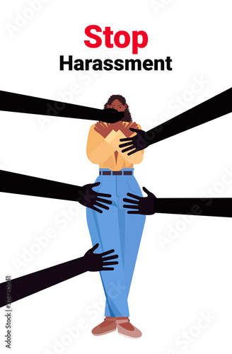 hands touching african american woman stop harassment and abuse no sexual violence concept vertical full length vector illustration