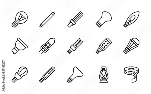 Lightbulb flat line icons set. Vector illustration different types of lamps. Editable strokes.