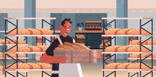 male baker in uniform holding baguettes bakery products baking manufacture concept portrait horizontal vector illustration