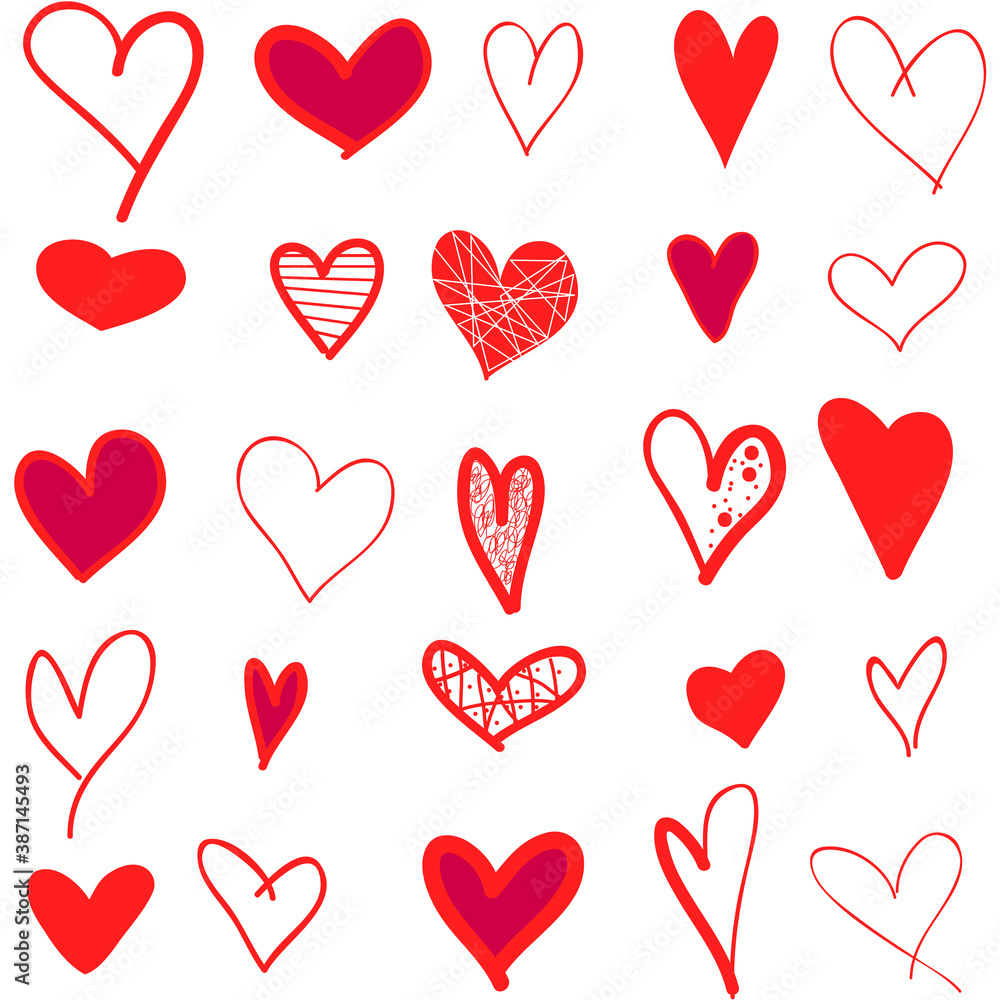 Red heart hand drawn icons set isolated on white background. Collection of hand drawn hearts for love symbol, wallpaper and Valentine's day. Creative outline frame. Heart and love vector Red heart hand drawn icons set isolated on white background. Collection of hand drawn hearts for love symbol, wallpaper and Valentine's day. Creative outline frame. Heart and love vector