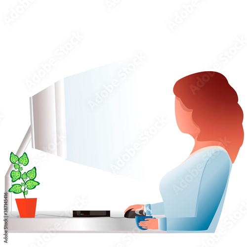 The character spends time at the computer. Computer learning concept at home, work or office. Refresher courses. Flat cartoon style. Can be used for collages, websites, stickers. Business and finance.