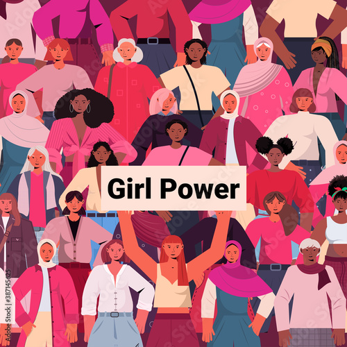 mix race girls standing together female empowerment movement women's power union of feminists concept portrait vector illustration