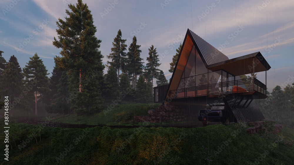 Domestic House with an A Frame Design on a Rainy Morning 3D Rendering Domestic House with an A Frame Design on a Rainy Morning 3D Rendering