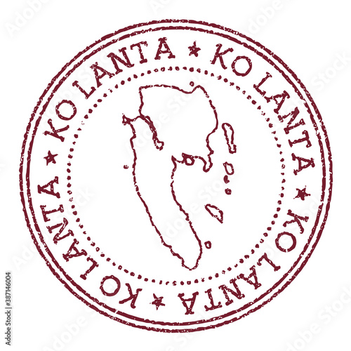Ko Lanta round rubber stamp with island map. Vintage red passport stamp with circular text and stars, vector illustration.