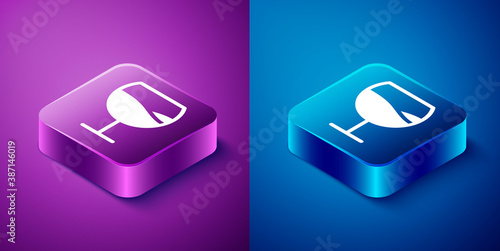 Isometric Wine glass icon isolated on blue and purple background. Wineglass sign. Square button. Vector Illustration.