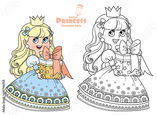 Cute princess in blue dress holding a gift in hands outlined and color for coloring book