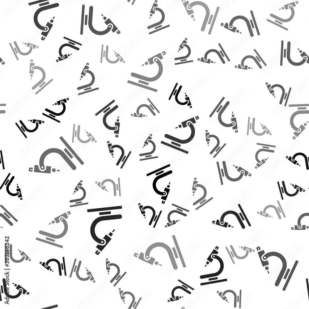Black Microscope icon isolated seamless pattern on white background. Chemistry, pharmaceutical instrument, microbiology magnifying tool. Vector Illustration. Black Microscope icon isolated seamless pattern on white background. Chemistry, pharmaceutical instrument, microbiology magnifying tool. Vector Illustration.