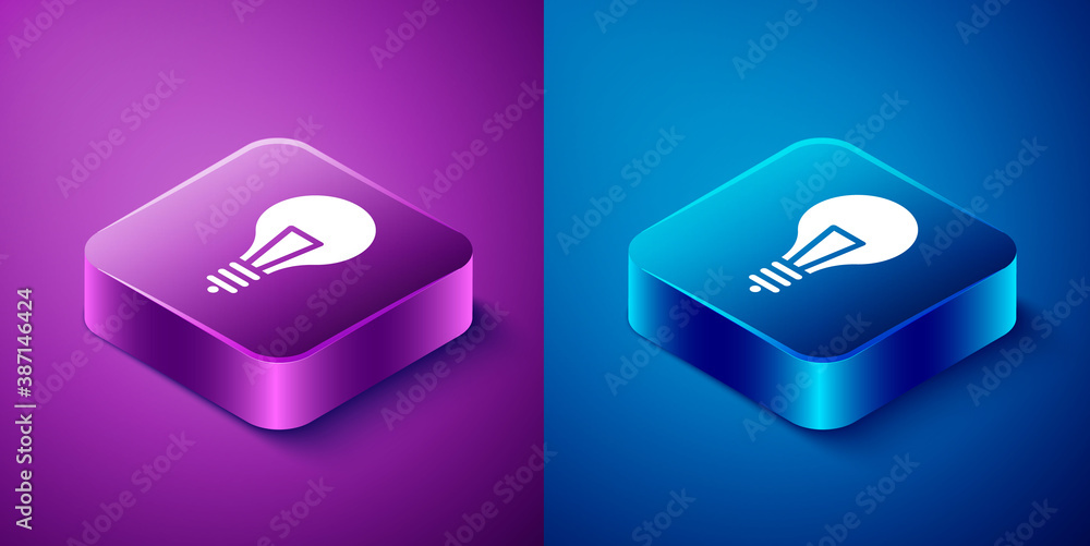 Isometric Light bulb with concept of idea icon isolated on blue and purple background. Energy and idea symbol. Inspiration concept. Square button. Vector Illustration.