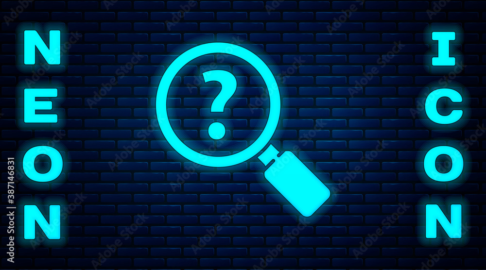 Glowing neon Unknown search icon isolated on brick wall background. Magnifying glass and question mark. Vector Illustration. Glowing neon Unknown search icon isolated on brick wall background. Magnifying glass and question mark. Vector Illustration.