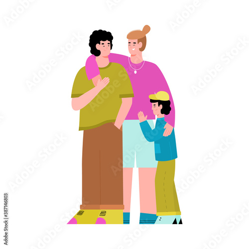 LGBT couple cartoon characters with child, flat vector illustration isolated on white background. Gay and lesbian movement for adoption and parenting rights.