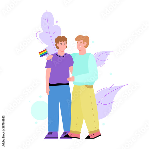 Gay homosexual couple hugging at fancy backdrop of leaves, flat cartoon vector illustration isolated on white background. LGBT or homosexsual couples community concept. photo