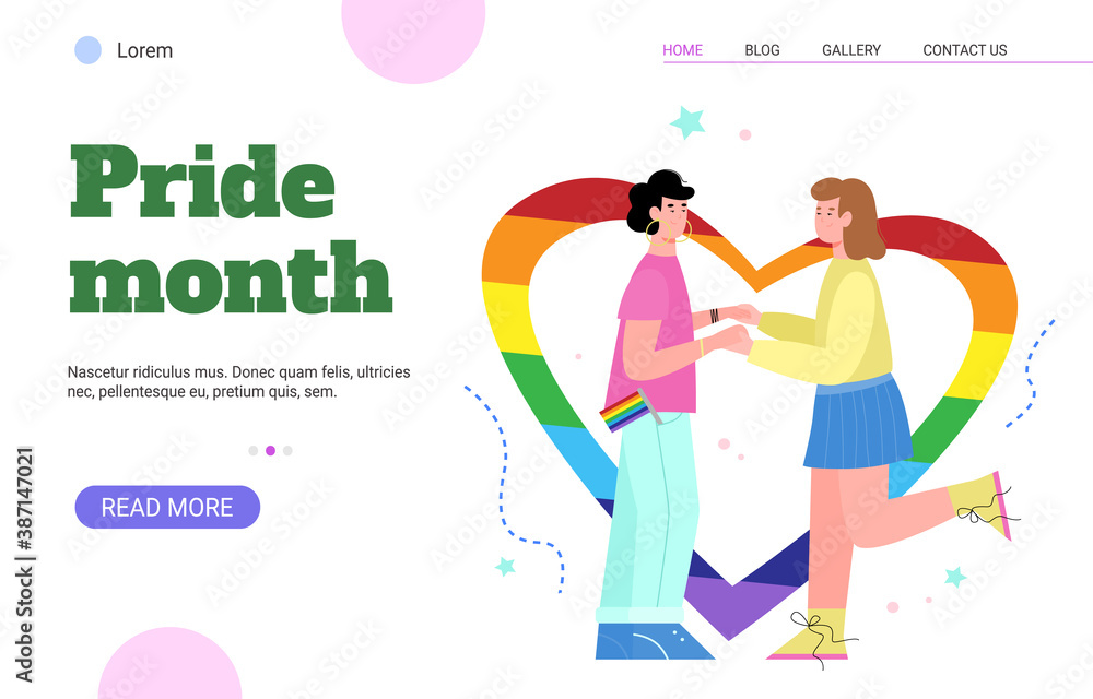 Young happy lesbian couple girls holding hands on the background of a rainbow heart. Non-traditional same sex relationships and love. Vector illustration. Landing page template.