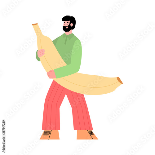 Tiny man cartoon character standing with huge banana in hands, flat vector illustration isolated on white background. Image for food charity and product packaging.