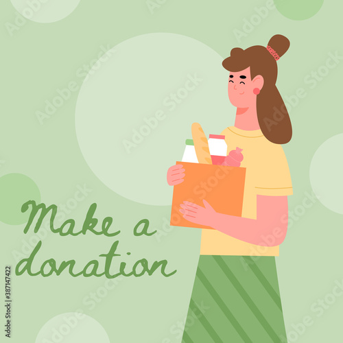 Concept of charity and support for poor, homeless and hungry. Volunteer or social worker is carry cardboard donation box full of food for help in shelter. Vector card with lettering