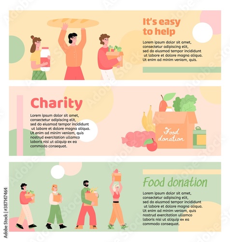 Set of flyers for charity and food donation events, flat vector illustration isolated. Promotion for volunteer organization to provide help for people in need.