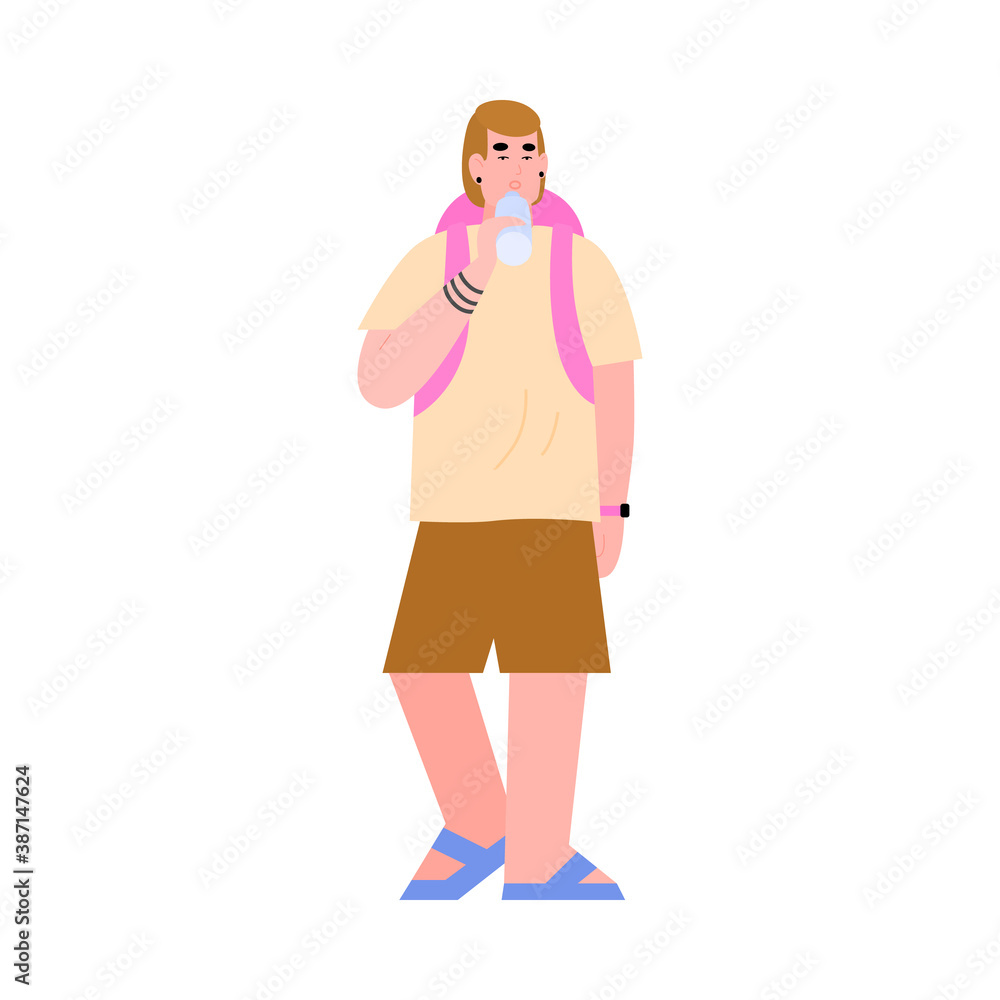 Healthy lifestyle. Young person with a backpack drinks clear drinking water from a bottle. Traveler or tourist enjoys the potable water. Flat isolated vector illustration Healthy lifestyle. Young person with a backpack drinks clear drinking water from a bottle. Traveler or tourist enjoys the potable water. Flat isolated vector illustration