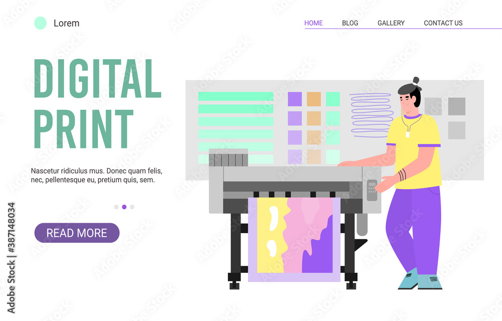 Website page for digital print service cartoon flat vector illustration. Polygraphy and typography printing works banner template for web or landing page. Website page for digital print service cartoon flat vector illustration. Polygraphy and typography printing works banner template for web or landing page.