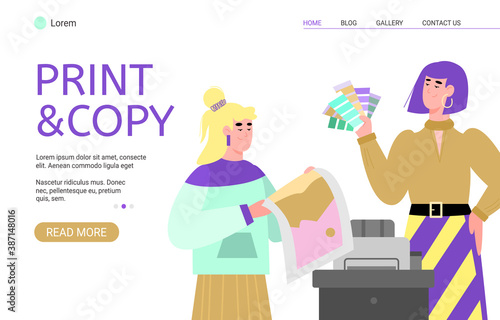 Print and copy service website interface template with cartoon characters of people working on modern polygraphy printing equipment, flat vector illustration.