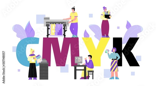Typography or print house banner concept with word CMYK behind cartoon people, flat vector illustration isolated on white background. Printing and polygraphy service.