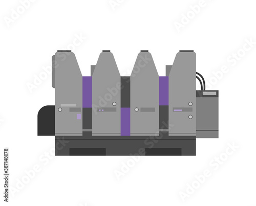 Four colors offset printing machine. Icon of equipment for printing house. Vector illustration isolated on a white background.