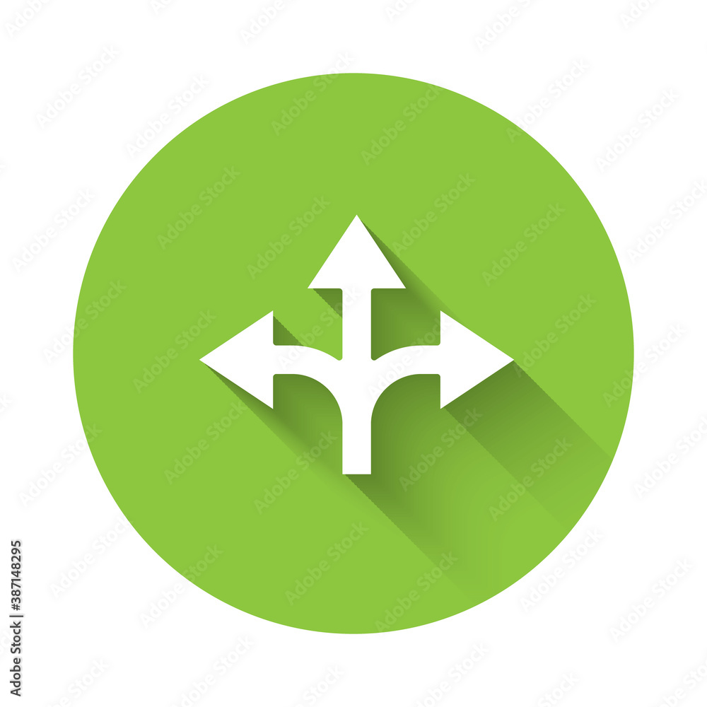 White Road traffic sign. Signpost icon isolated with long shadow. Pointer symbol. Isolated street information sign. Direction sign. Green circle button. Vector Illustration. White Road traffic sign. Signpost icon isolated with long shadow. Pointer symbol. Isolated street information sign. Direction sign. Green circle button. Vector Illustration.