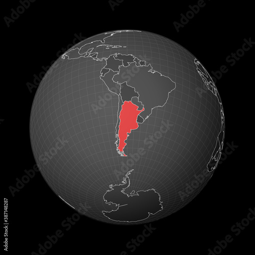 Dark globe centered on Argentina. Country highlighted with red color on world map. Satellite world projection. Attractive vector illustration.