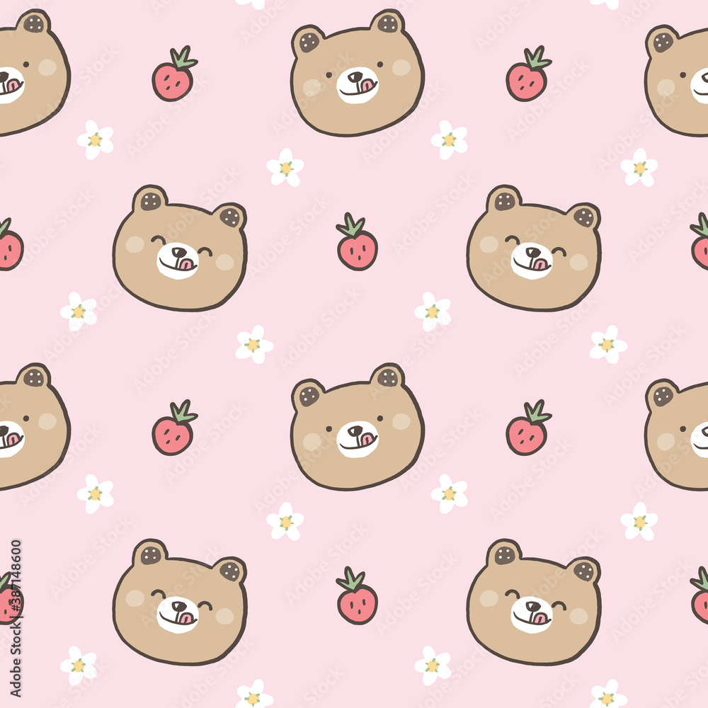 Seamless Pattern with Cute Cartoon Bear Face Design on Pink Background Seamless Pattern with Cute Cartoon Bear Face Design on Pink Background
