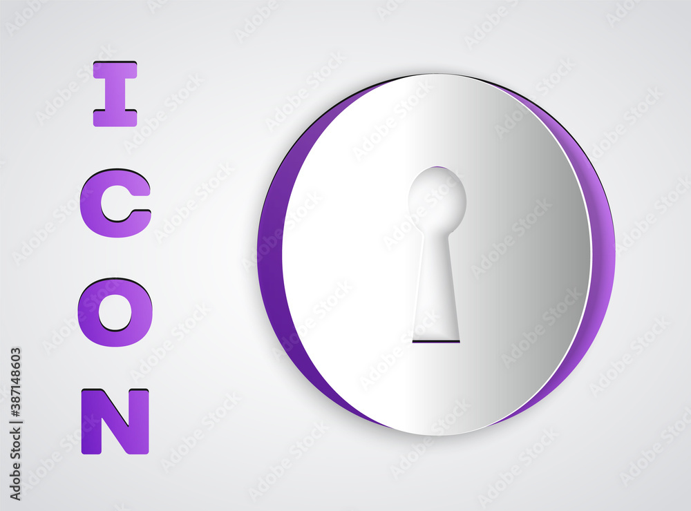 Paper cut Keyhole icon isolated on grey background. Key of success solution. Keyhole express the concept of riddle, secret, security. Paper art style. Vector Illustration.