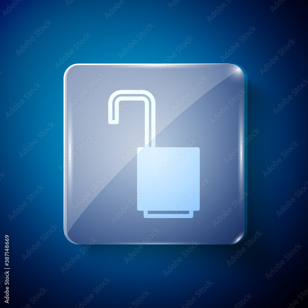 White Open padlock icon isolated on blue background. Opened lock sign. Cyber security concept. Digital data protection. Square glass panels. Vector Illustration. White Open padlock icon isolated on blue background. Opened lock sign. Cyber security concept. Digital data protection. Square glass panels. Vector Illustration.