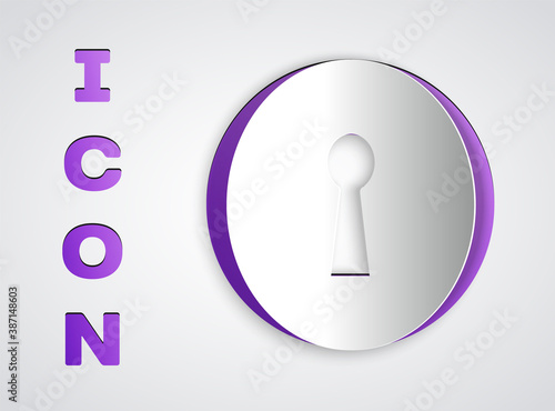Paper cut Keyhole icon isolated on grey background. Key of success solution. Keyhole express the concept of riddle, secret, security. Paper art style. Vector Illustration.