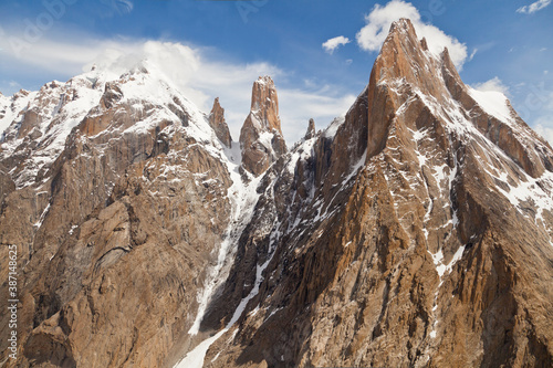 The Trango Towers are a family of rock towers situated in Gilgit-Baltistan, in the north of Pakistan. The Towers offer some of the largest cliffs and most challenging rock climbing in the world. photo