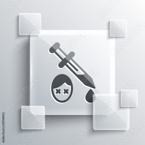 Grey Sword with blood icon isolated on grey background. Medieval weapons knight and soldier. Symbol of murder. Square glass panels. Vector.