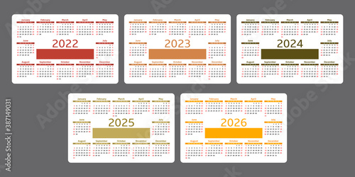 Calendar 2022, 2023, 2024, 2025, 2026. Simple horizontal calendar design template. Set of vectors in different colors. Week starts on Sunday.