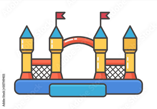 Bouncy inflatable castle. Tower and equipment for child playground. Vector line illustration isolated on white background.