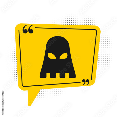 Black Executioner mask icon isolated on white background. Hangman, torturer, executor, tormentor, butcher, headsman icon. Yellow speech bubble symbol. Vector.