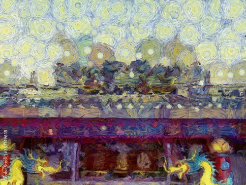 Chinese shrine Illustrations creates an impressionist style of painting.