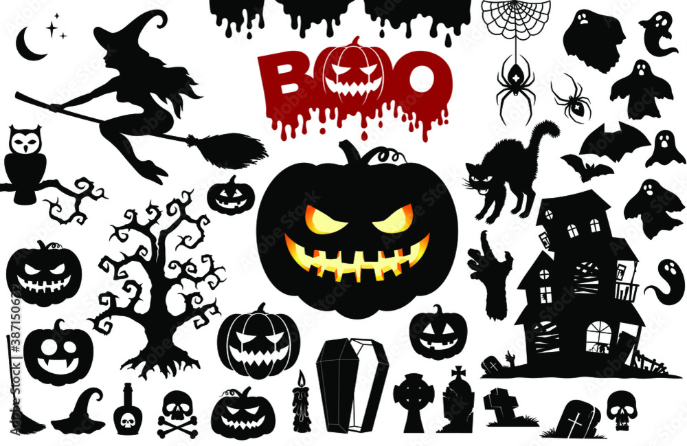 Halloween set, silhouettes isolated on white. Pumpkins, Boo, ghosts, witch, skulls, haunted house, bats, spiders, cat, zombies, graves, coffin, owl, blood, oak, etc. Icons for Halloween, vector.