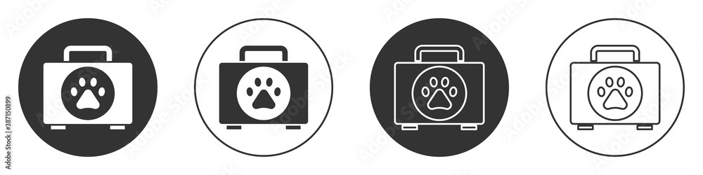 Black Pet first aid kit icon isolated on white background. Dog or cat paw print. Clinic box. Circle button. Vector. Black Pet first aid kit icon isolated on white background. Dog or cat paw print. Clinic box. Circle button. Vector.
