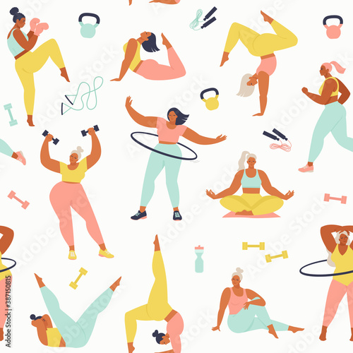 Fototapeta Naklejka Na Ścianę i Meble -  Women different sizes, ages and races activities. Pattern of women doing sports, yoga, jogging, jumping, stretching, fitness. Seamless pattern in vector.