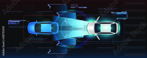 Accident prevention system. Autonomous vehicle movement. Assistance to the driver while driving. Vehicle movement with sensors that scan the distance between vehicles on the road. View from above