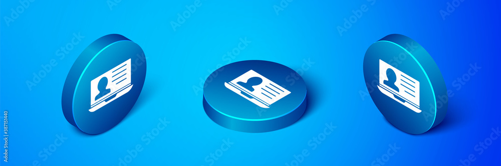 Isometric Laptop with resume icon isolated on blue background. CV application. Searching professional staff. Analyzing personnel resume. Blue circle button. Vector. Isometric Laptop with resume icon isolated on blue background. CV application. Searching professional staff. Analyzing personnel resume. Blue circle button. Vector.