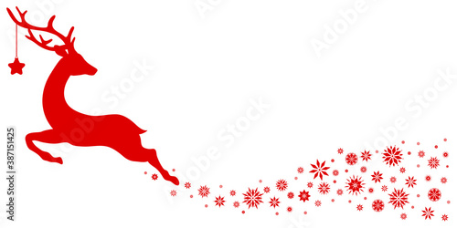 Rotes Fliegendes Rentier Mit Stern Schaut Zurück Schneeflocken
