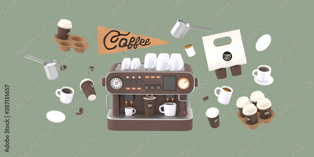 Coffee shop 3D render - coffee machine -modern concept digital illustration of a coffee maker with cups on the top, surrounded by takeout coffee packs and cups. Creative landing web page header - obrazy, fototapety, plakaty 
