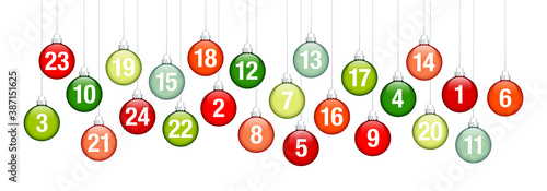 Banner Adventskalender Hängende Glänzende Weihnachtskugeln Rot Und Grün
