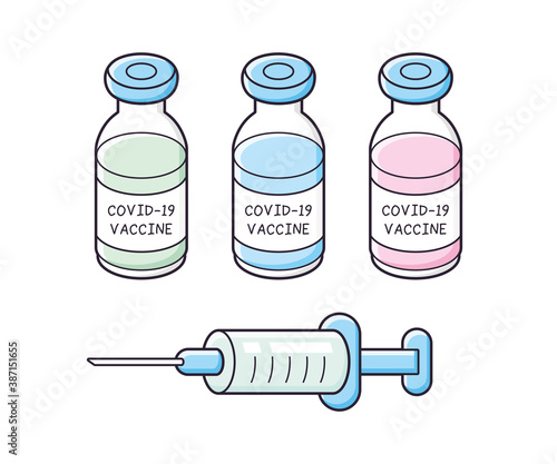 COVID-19 vaccine vial bottles and medical syringe isolated cartoon vector icons, coronavirus pandemic vaccination trial.