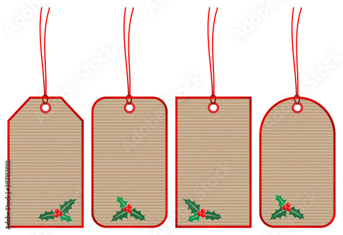 Weihnachten Set Vier Etiketten Kraftpapier Stechplame Roter Rand