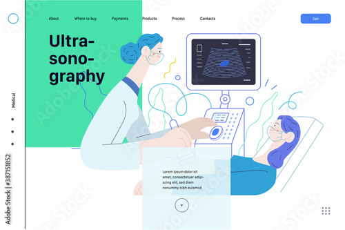 Medical tests illustration - ultrasound - modern flat vector concept digital illustration of ultrasonography procedure -doctor examing patient pregnant woman with scanner, medical office or laboratory