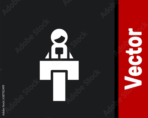 White Stage stand or debate podium rostrum icon isolated on black background. Conference speech tribune. Vector.