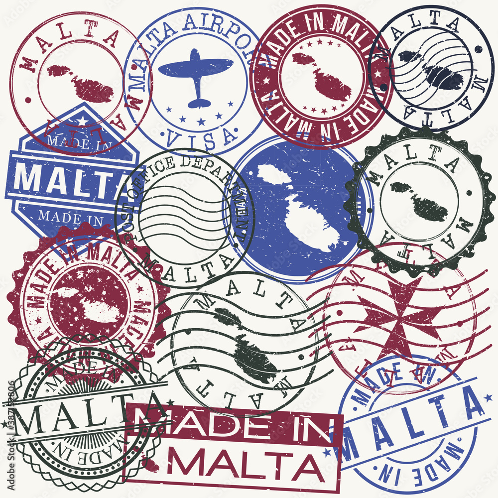 Malta Set of Stamps. Travel Passport Stamp. Made In Product. Design Seals Old Style Insignia. Icon Clip Art Vector.